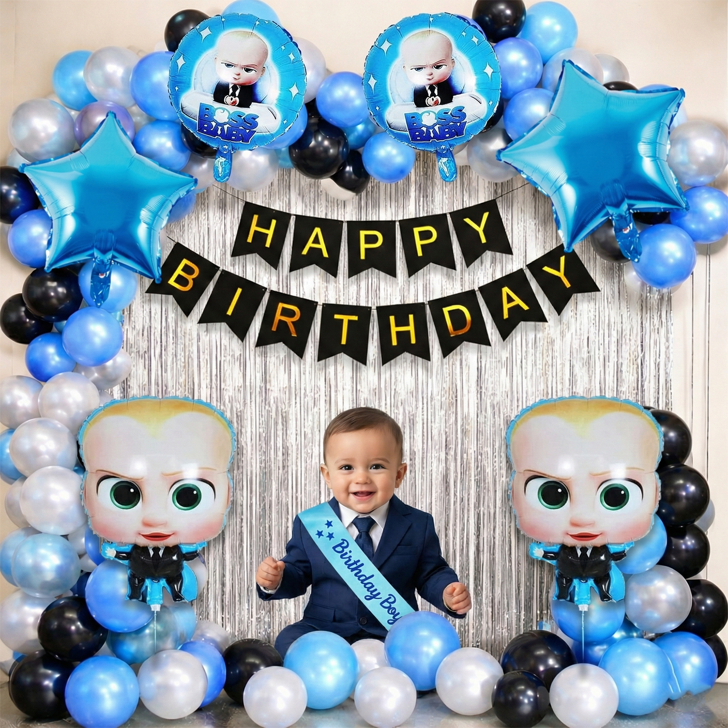 Decofy 39 Pcs Boss Baby Theme Birthday Decoration Kit | Boss Baby Balloon & Banner Party Decoration Set With Birthday Boy Blue Sash