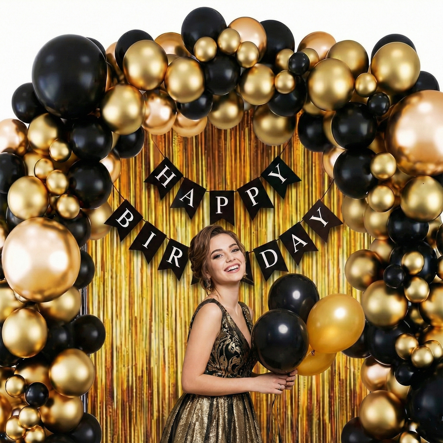 Decofy 34 Pcs Golden & Black Theme Birthday Decoration Kit | Gold and Black Balloon Decoration items With Happy Birthday Banner