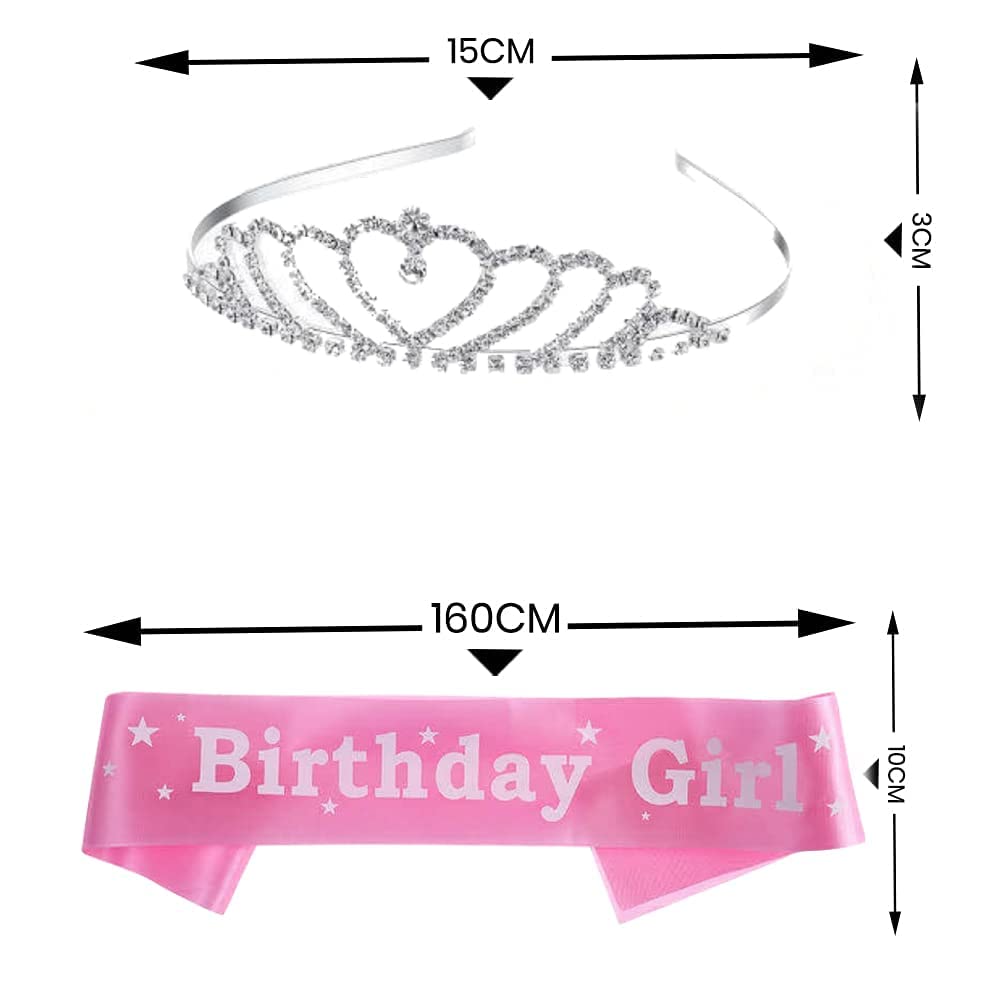 Unique Creations Birthday Girl Pink Sash with Beautiful Rhinstone Tiara Crown Set with Safety Pin for Women's & Girls (Heart Design)