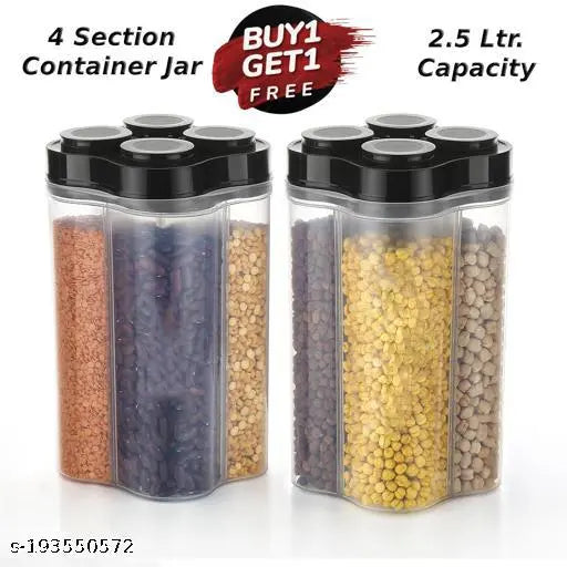 TrendyTrolley Airtight Transparent Plastic Lock Food Storage 4 Section Container Jar forPulses |Grocery, Fridge Container Pack of 2, 4800 ML - Black- MADE IN INDIA