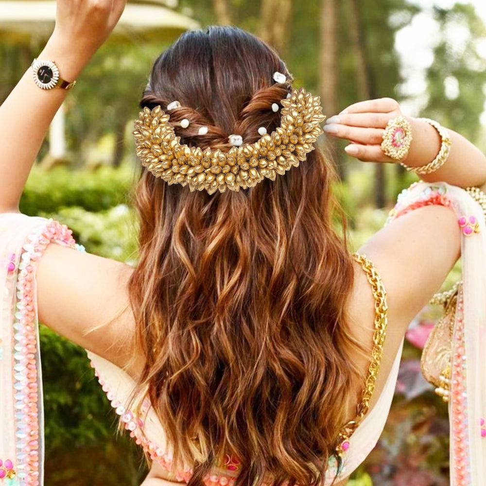 TrendyTrolley Artificial 2 Pc Golden Beaded & White Mogra Gajra | Suitable For Wedding Haldi Bride to Be Mehendi Bharatnatyam Kathhak Dance (2 Pc) |Gajra For Hair