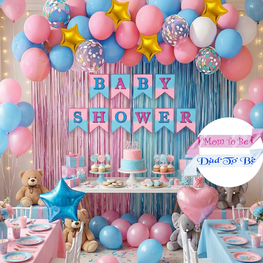 Decofy 45 Pcs Baby Shower Decoration Combo Set | Complete Baby Shower Set with Balloons, Banner & Mom-Dad To be Sash