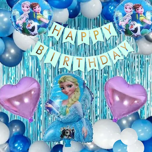 Decofy 39 Pcs Birthday Decoration Kit | Frozen Elsa Balloon & Banner Party Decoration Set | Winter Wonderland Birthday Party Décor for Girls | Women