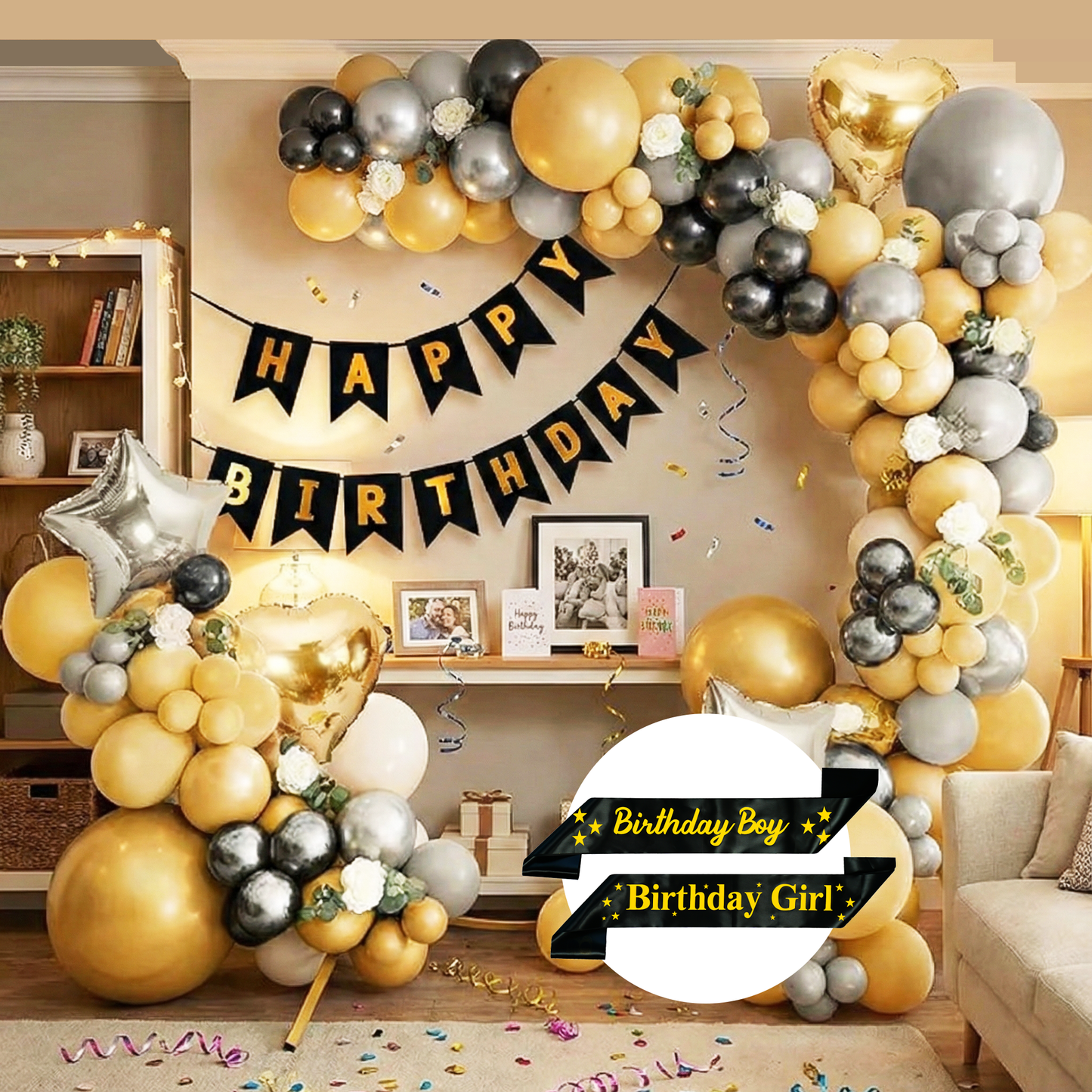 Decofy Golden Theme Birthday Decoration Kit 35 Pcs | Gold Balloon Decoration Set with Happy Birthday Banner & Birthday Boy & Girl Golden Sash