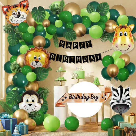 Decofy Cute Jungle Safari Birthday Decoration Kit- 39 Pcs Combo | Animal Theme Balloon Decoration Set With Birthday Boy Gold Sash for Kids Birthday Party