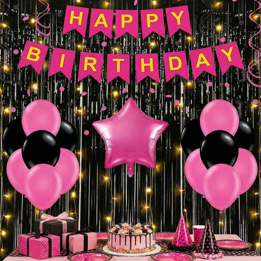 Decofy Premium Pink & Black Theme 26 Pcs Birthday Decoration Kit | Elegant Pink Black Balloon & Banner Birthday Decoration With Foil Balloons