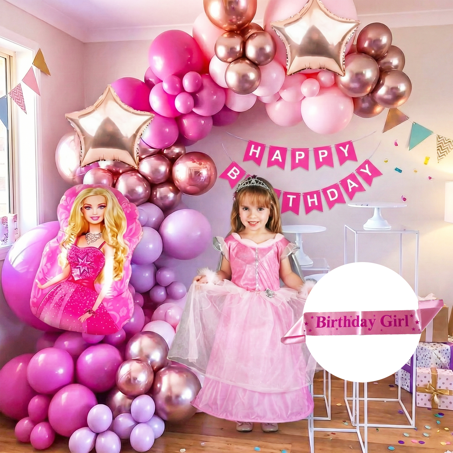 Decofy Barbie Theme 46 Pc Combo Birthday Decoration Kit For Gilrs | Pink & Barbie Doll Balloon & Banner Party Decoration Set WIth Birthday Girl Pink Sash