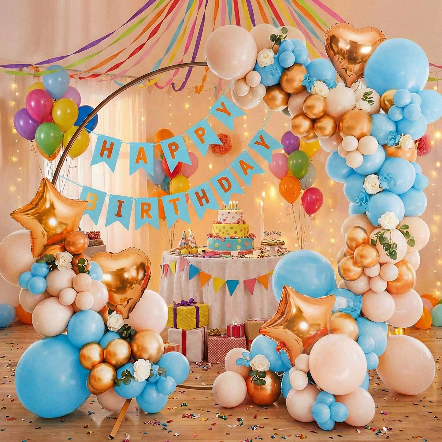 Decofy Blue & Golden 33 Pcs Birthday Decoration Kit | Blue and Golden Balloon & Banner Party Decoration Set