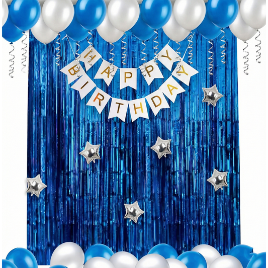 Decofy Blue & Silver Theme 29 Pcs Birthday Decoration Set | Premium Blue Silver Balloon Decoration Kit with Happy Birthday Banner for All age groups Party Decor Items