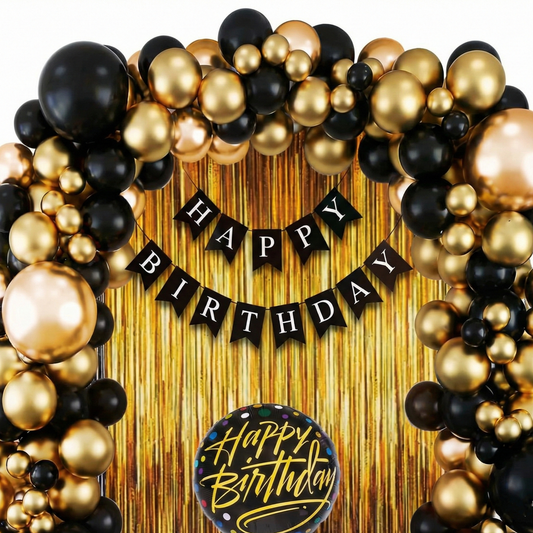 Decofy 34 Pcs Golden & Black Theme Birthday Decoration Kit | Gold and Black Balloon Decoration items With Happy Birthday Banner