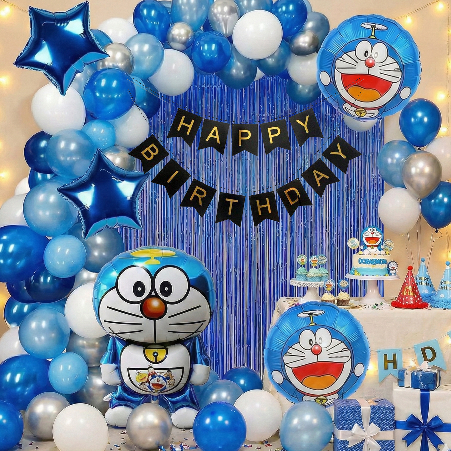 Decofy Doraemon Theme Birthday Decoration Set-28 Pcs | Cartoon Doraemon Balloon Decoration Kit with Happy Birthday Banner for Kids Party Decor