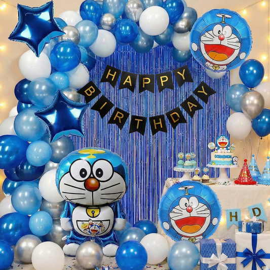 Decofy Doraemon Theme Birthday Decoration Set-28 Pcs | Cartoon Doraemon Balloon Decoration Kit with Happy Birthday Banner for Kids Party Decor