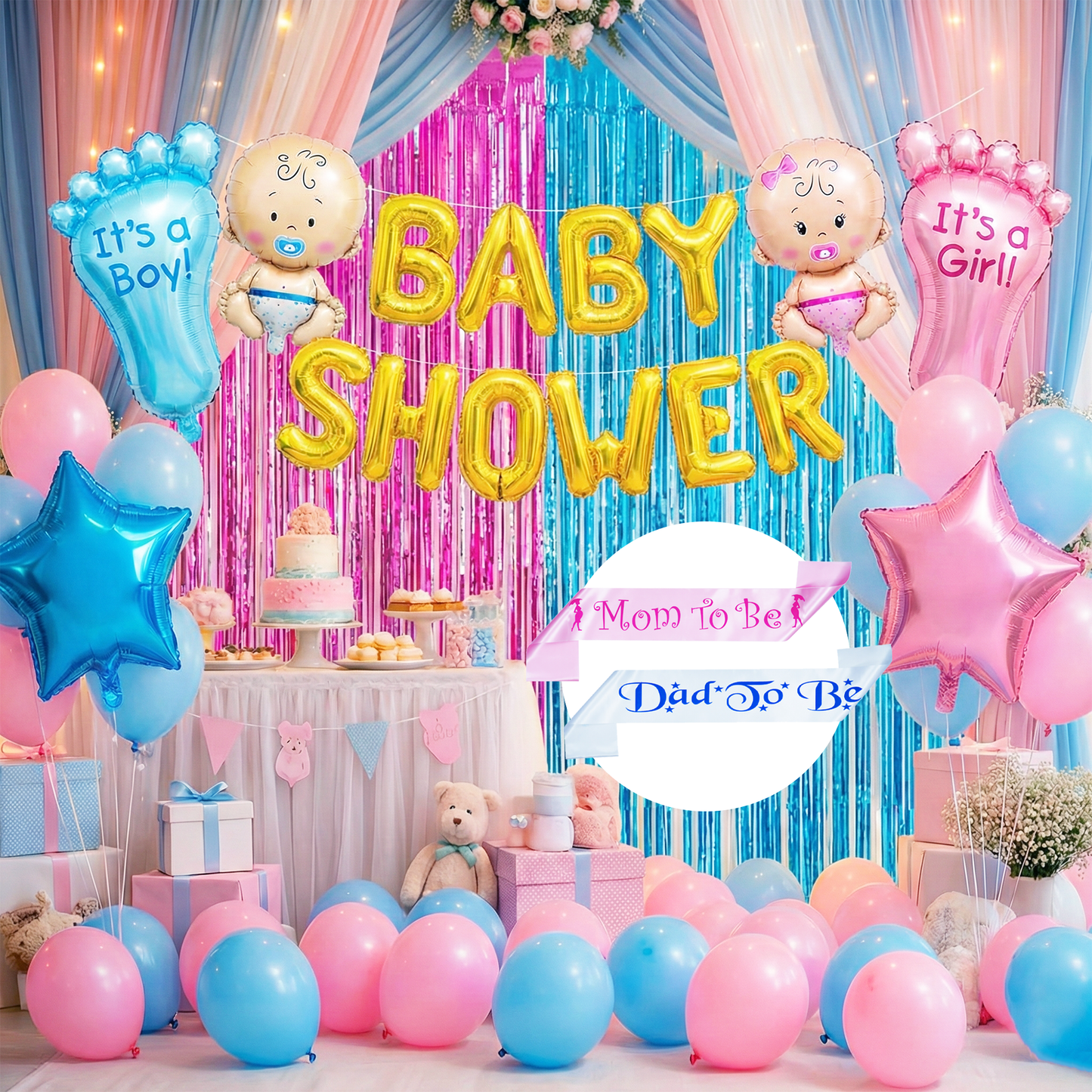 Decofy Baby Shower Decoration 31 Pcs Combo| Welcome Baby Party Decoration Set for Home With Balloons & Mom -Dad to Be Sash