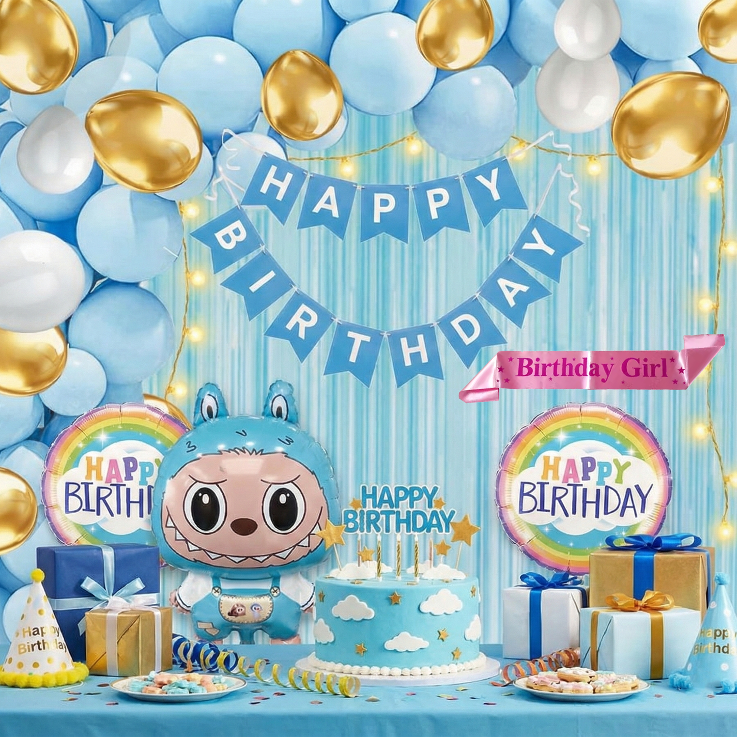 Decofy Cute Labubu Doll 37 Pcs Birthday Decoration Set | Cartoon Character Theme Party Décor Kit with Balloons & Happy Birthday Pink Sash