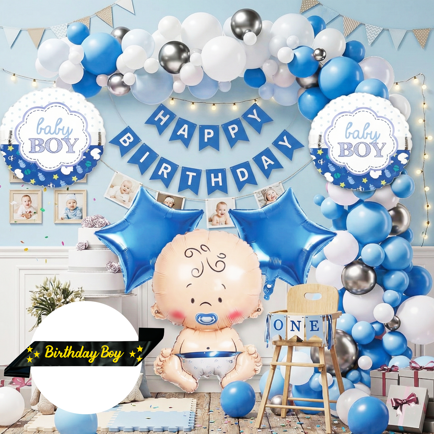 Decofy Birthday Boy Theme Decoration Kit 37 Pcs | Birthday Decoration for Boy with Balloons ,Birthday Boy Black Sash & Banner
