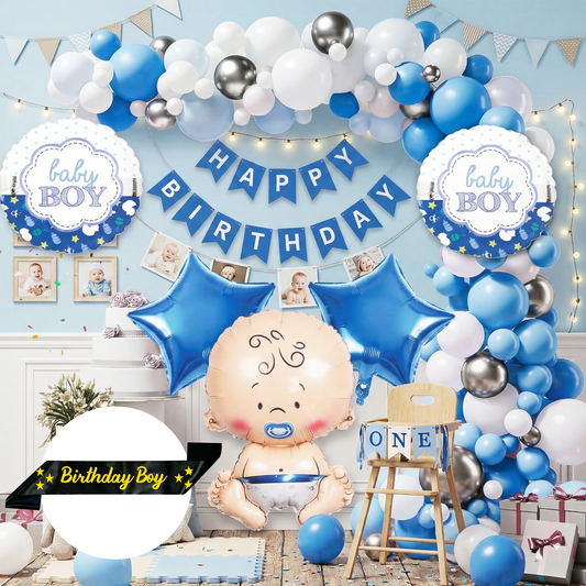 Decofy Birthday Boy Theme Decoration Kit 37 Pcs | Birthday Decoration for Boy with Balloons ,Birthday Boy Black Sash & Banner