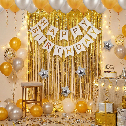 Decofy Golden & Grey 29 Pcs Birthday Decoration Kit | Birthday Decoration Items For Boys | Girls | Kids | Adults - Complete Combo Set