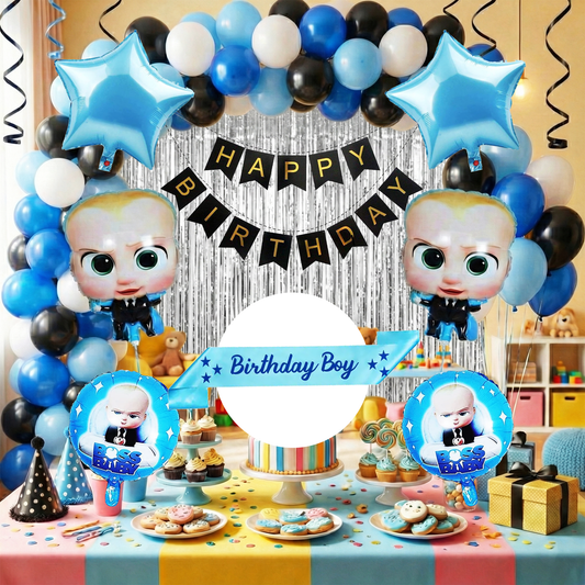 Decofy 39 Pcs Boss Baby Theme Birthday Decoration Kit | Boss Baby Balloon & Banner Party Decoration Set With Birthday Boy Blue Sash