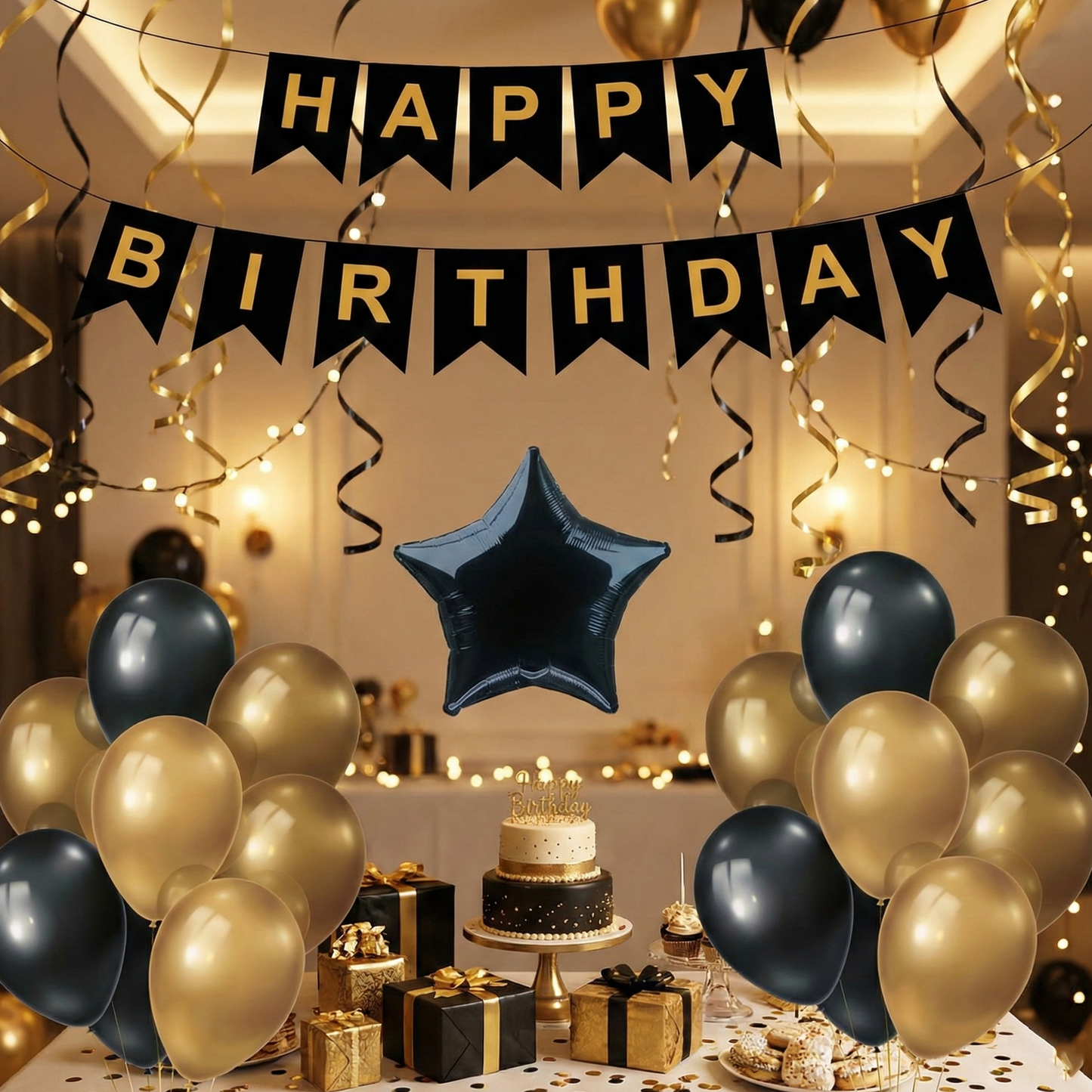 Decofy Black & Golden 24 Pcs Combo Birthday Decoration Set | Happy Birthday Decoration Kit for Celebrations and Surprise Setups