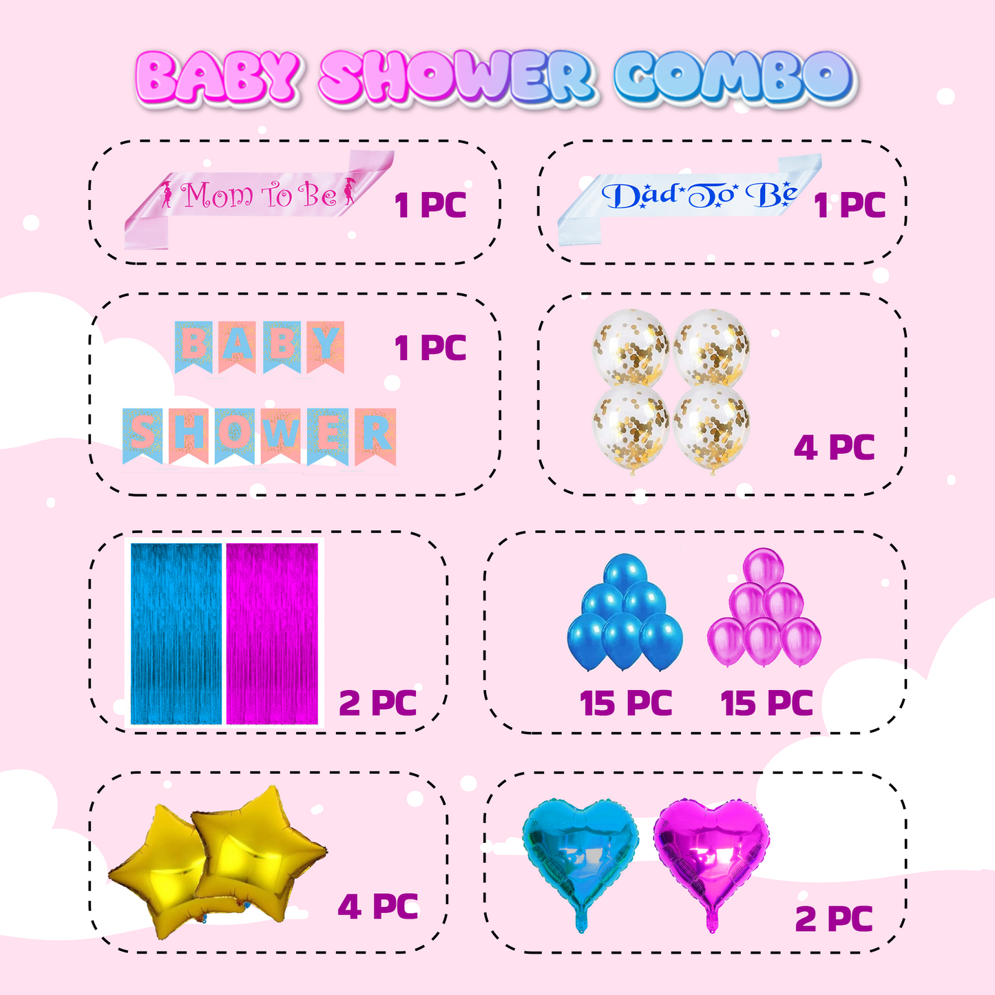 Decofy 45 Pcs Baby Shower Decoration Combo Set | Complete Baby Shower Set with Balloons, Banner & Mom-Dad To be Sash