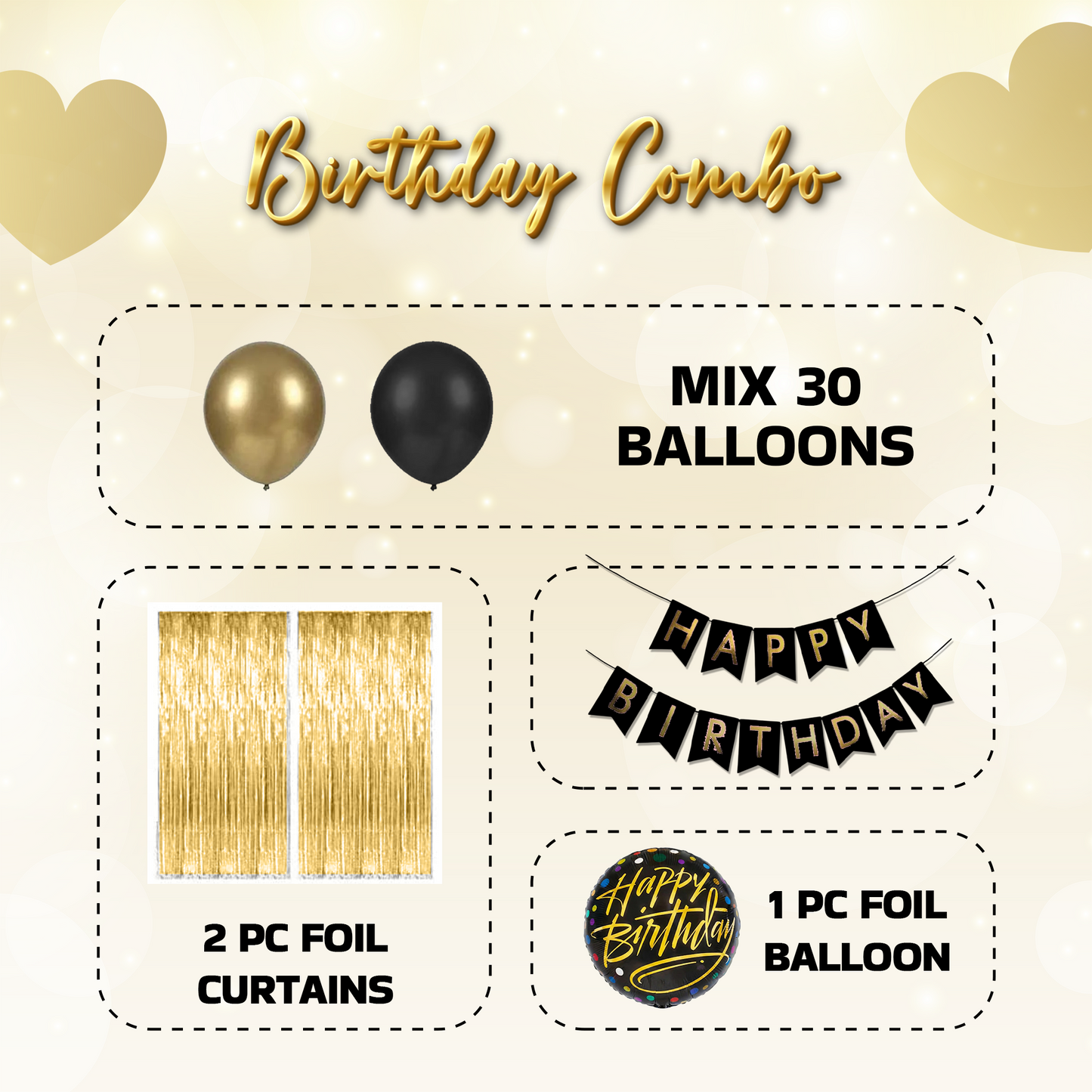 Decofy 34 Pcs Golden & Black Theme Birthday Decoration Kit | Gold and Black Balloon Decoration items With Happy Birthday Banner