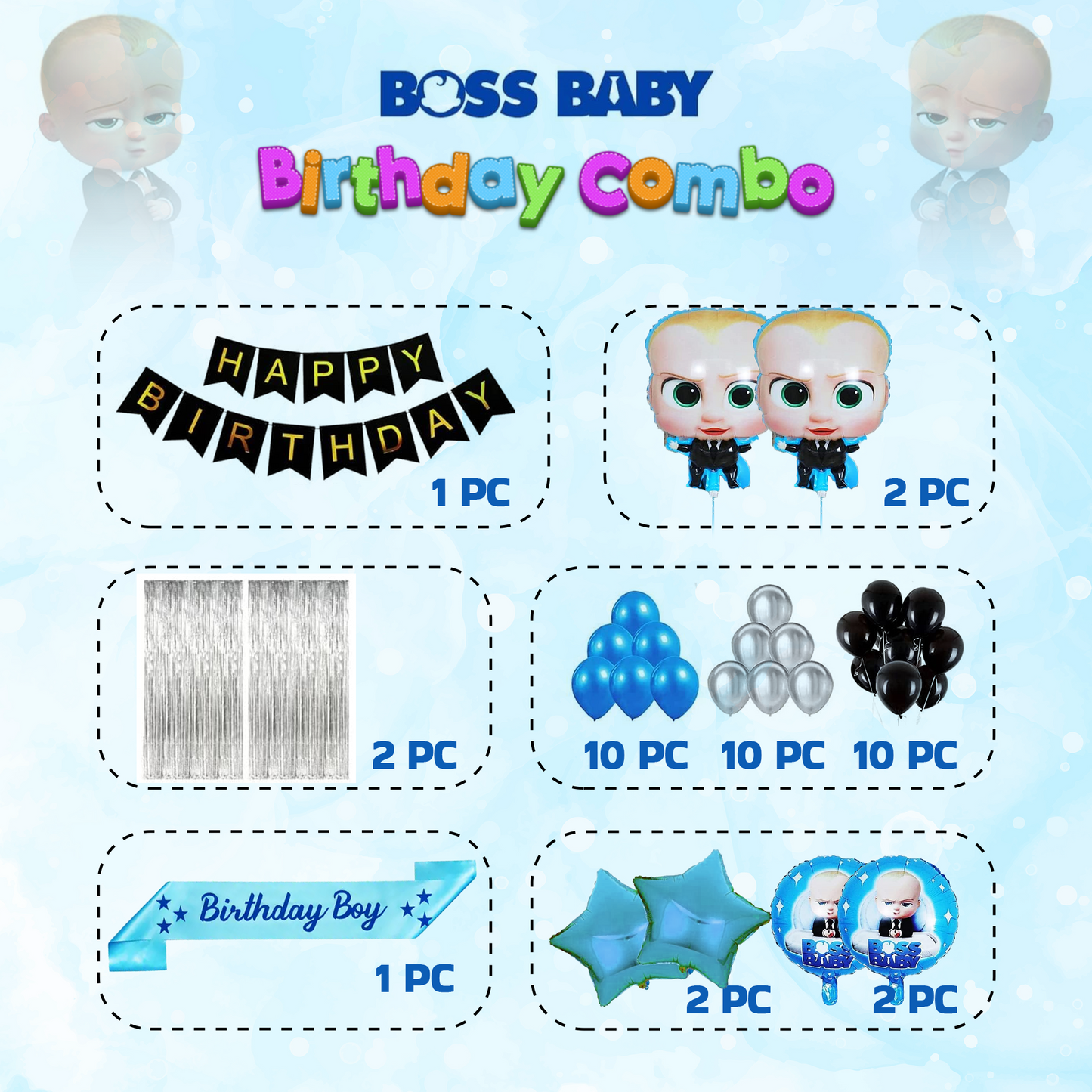 Decofy 39 Pcs Boss Baby Theme Birthday Decoration Kit | Boss Baby Balloon & Banner Party Decoration Set With Birthday Boy Blue Sash