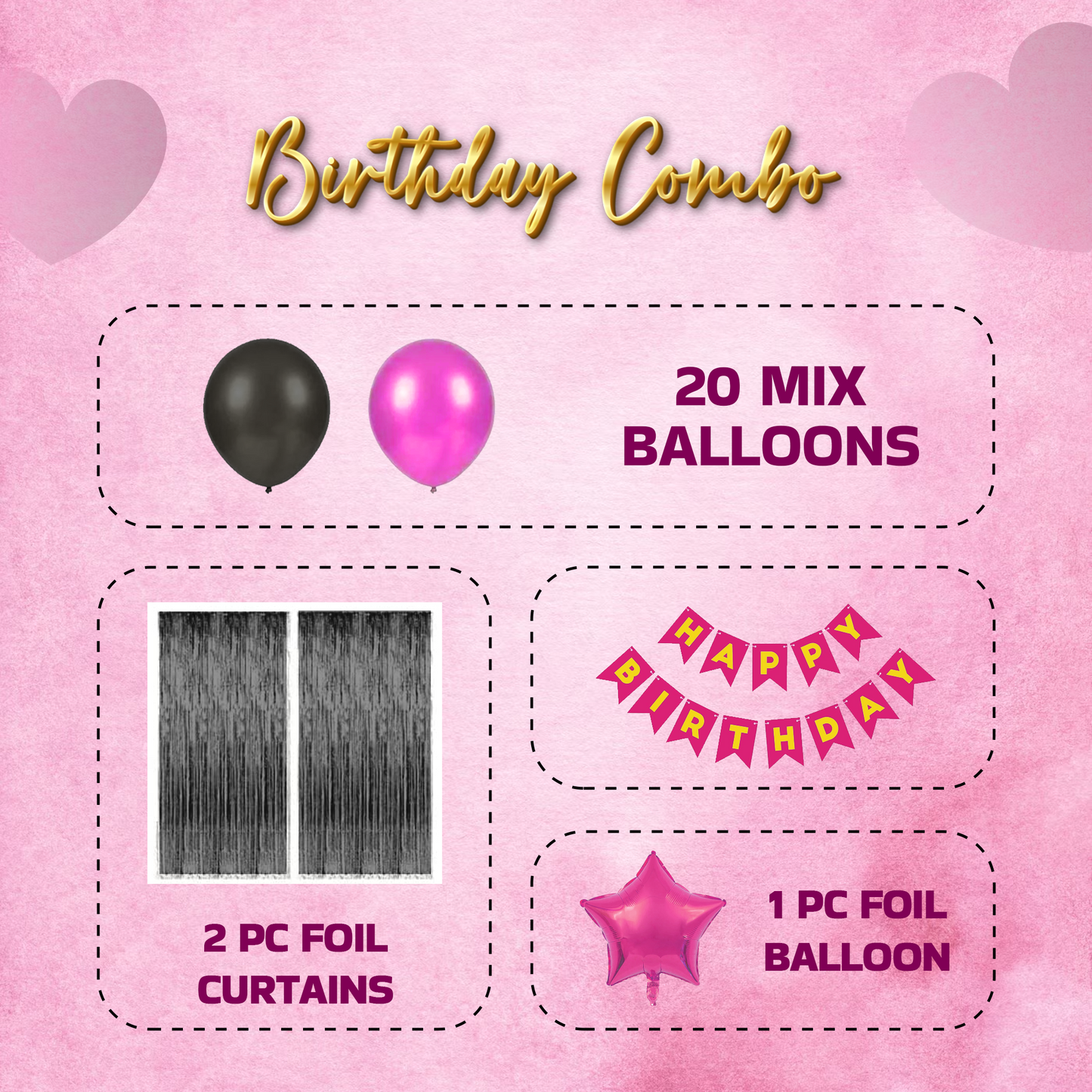 Decofy Premium Pink & Black Theme 26 Pcs Birthday Decoration Kit | Elegant Pink Black Balloon & Banner Birthday Decoration With Foil Balloons