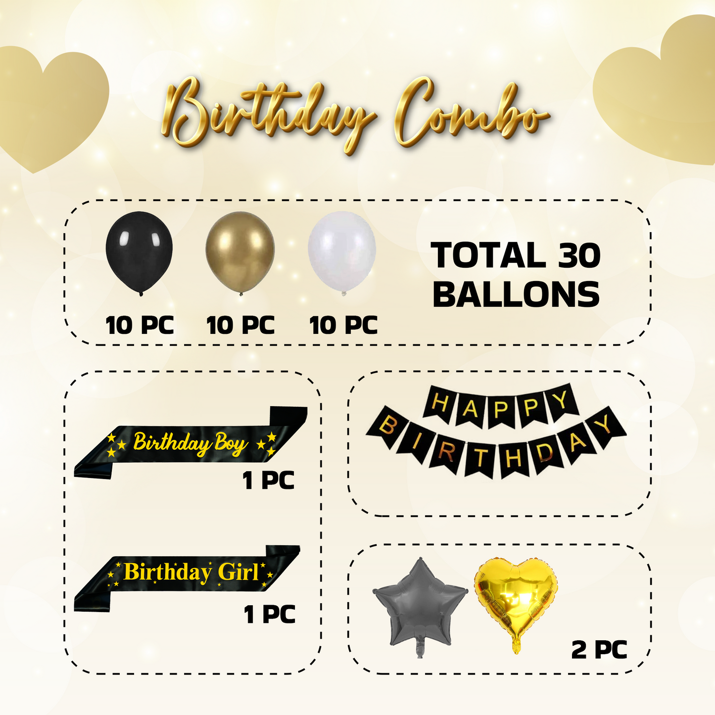 Decofy Golden Theme Birthday Decoration Kit 35 Pcs | Gold Balloon Decoration Set with Happy Birthday Banner & Birthday Boy & Girl Golden Sash