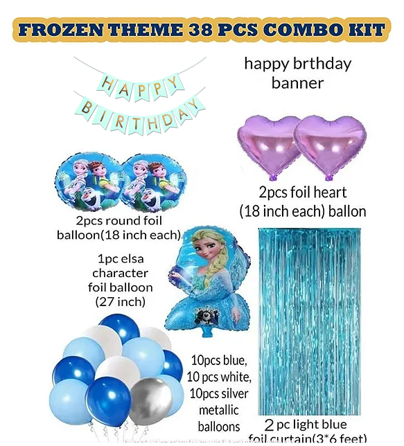 Decofy 39 Pcs Birthday Decoration Kit | Frozen Elsa Balloon & Banner Party Decoration Set | Winter Wonderland Birthday Party Décor for Girls | Women