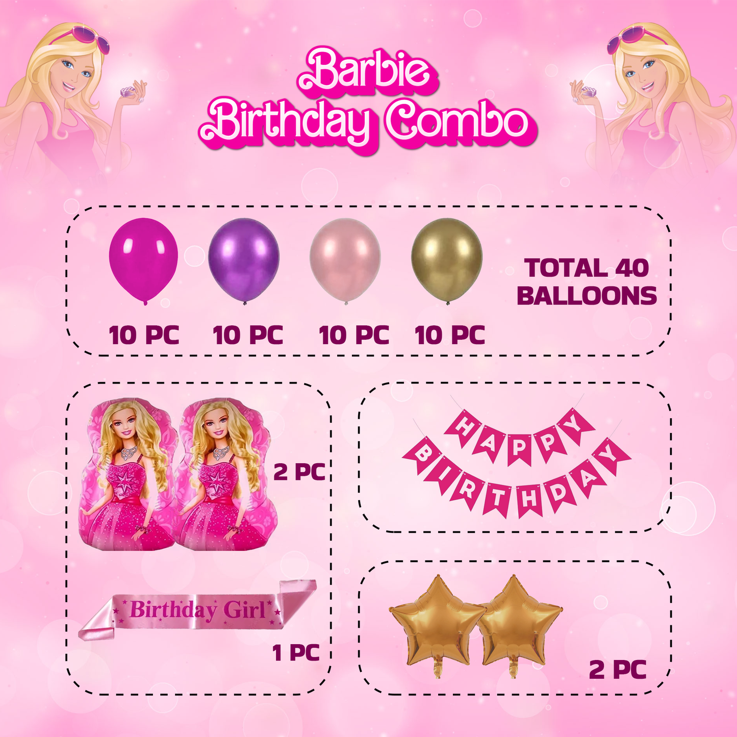 Decofy Barbie Theme 46 Pc Combo Birthday Decoration Kit For Gilrs | Pink & Barbie Doll Balloon & Banner Party Decoration Set WIth Birthday Girl Pink Sash