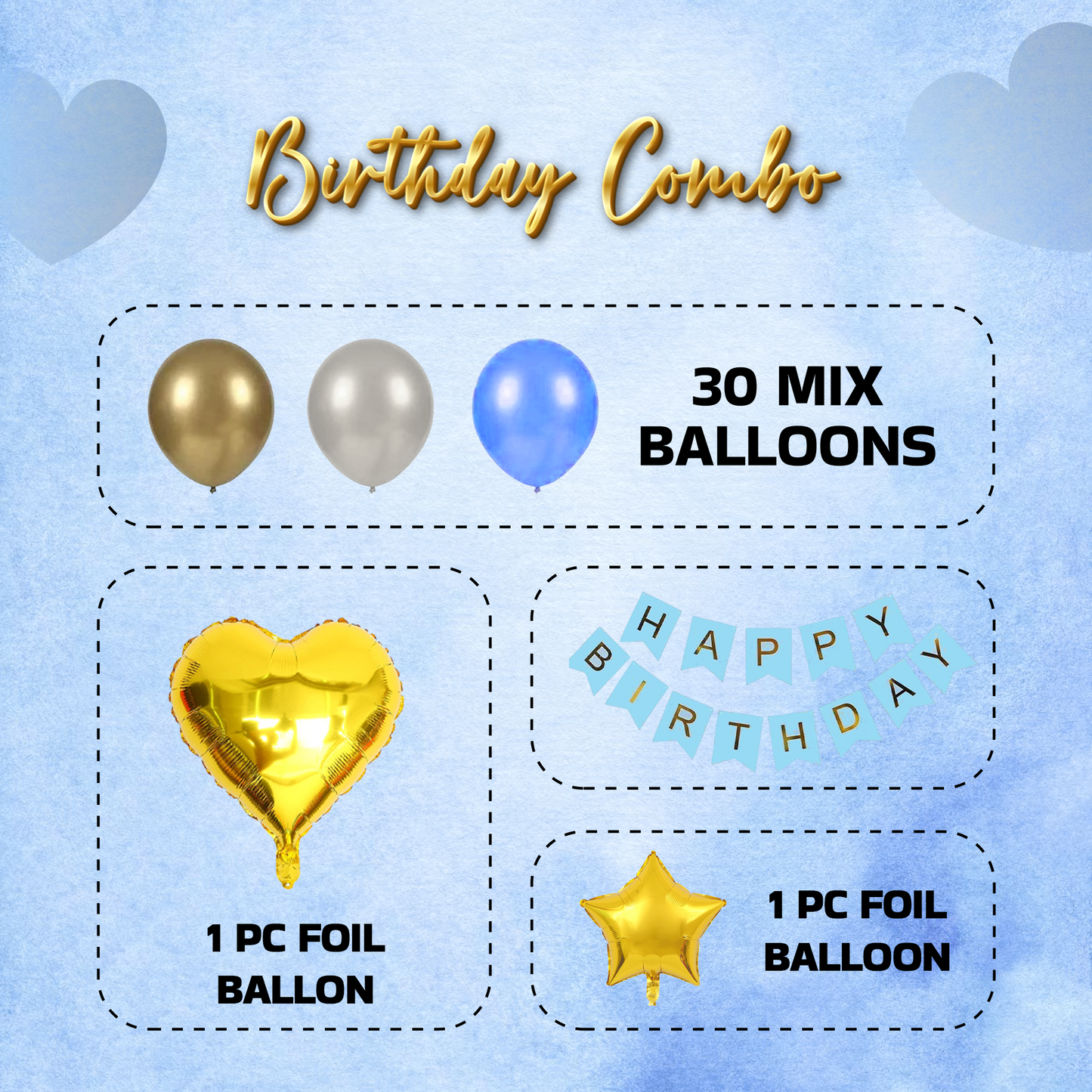 Decofy Blue & Golden 33 Pcs Birthday Decoration Kit | Blue and Golden Balloon & Banner Party Decoration Set