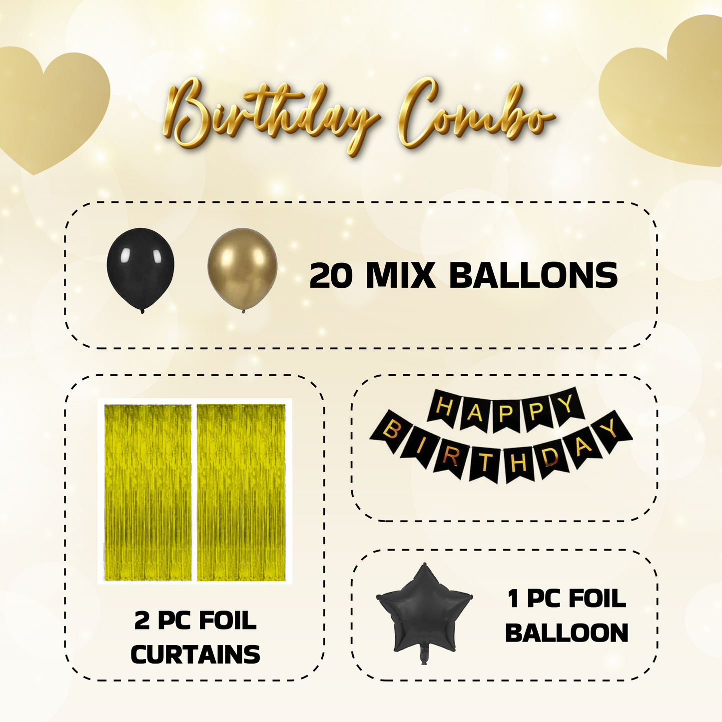 Decofy Black & Golden 24 Pcs Combo Birthday Decoration Set | Happy Birthday Decoration Kit for Celebrations and Surprise Setups