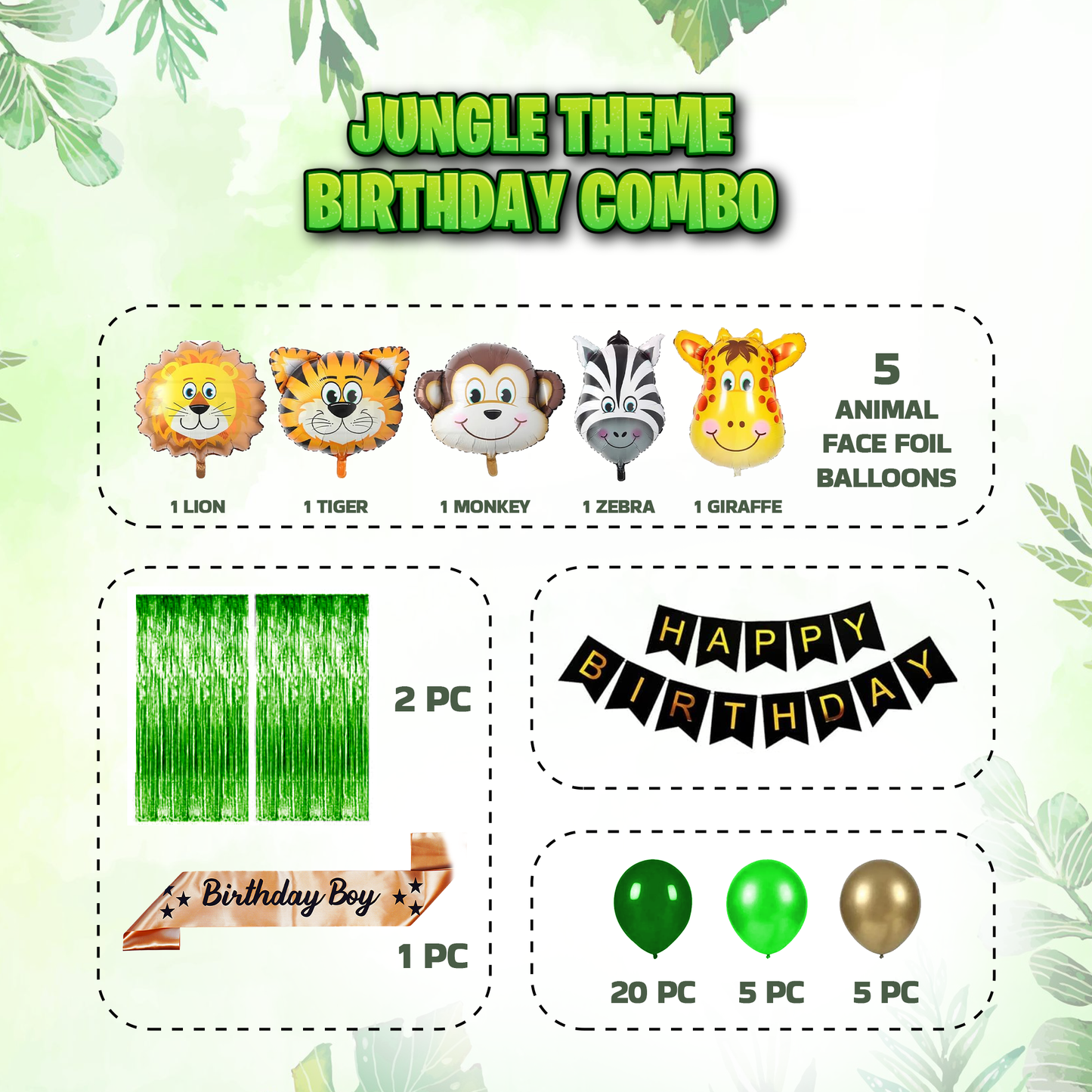 Decofy Cute Jungle Safari Birthday Decoration Kit- 39 Pcs Combo | Animal Theme Balloon Decoration Set With Birthday Boy Gold Sash for Kids Birthday Party