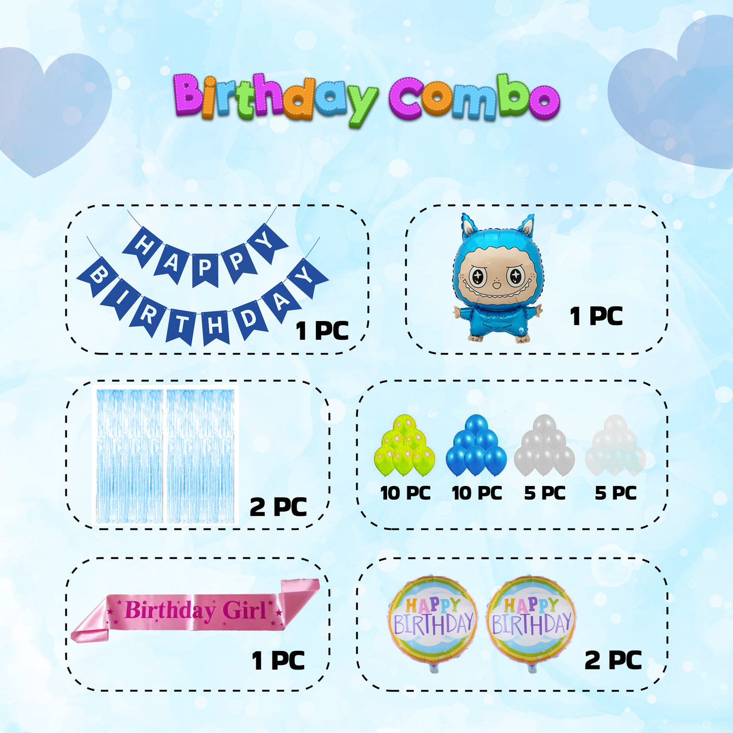Decofy Cute Labubu Doll 37 Pcs Birthday Decoration Set | Cartoon Character Theme Party Décor Kit with Balloons & Happy Birthday Pink Sash
