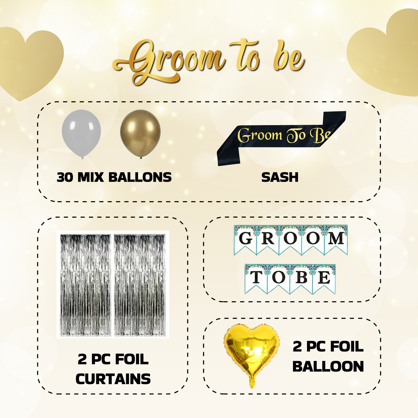 Decofy 36 Pcs Groom To Be Decoration Set | Stylish Pre-Wedding & Bachelor Party Decoration Kit for Groom Celebration & Surprise Setup With Groom To Be Black Sash