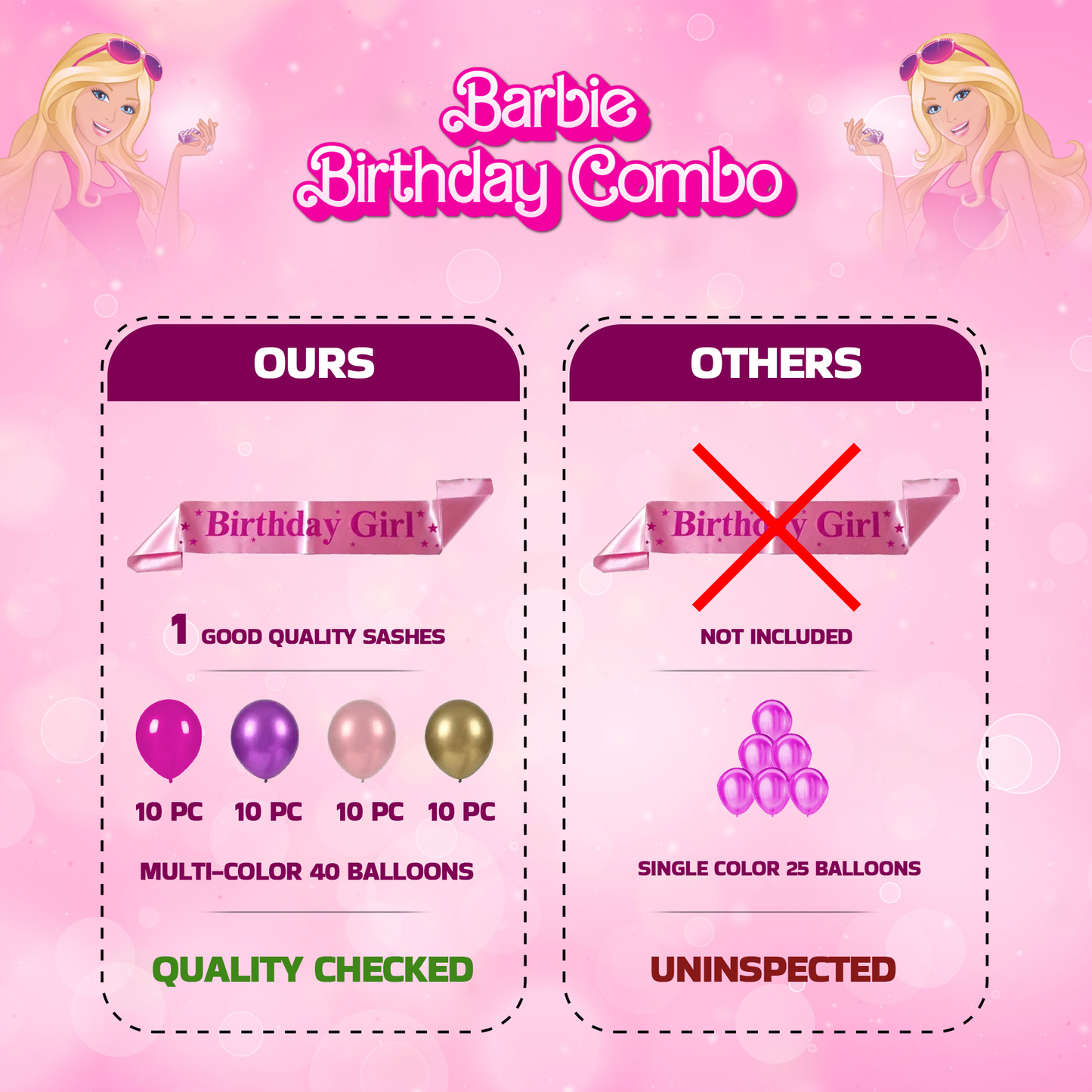 Decofy Barbie Theme 46 Pc Combo Birthday Decoration Kit For Gilrs | Pink & Barbie Doll Balloon & Banner Party Decoration Set WIth Birthday Girl Pink Sash