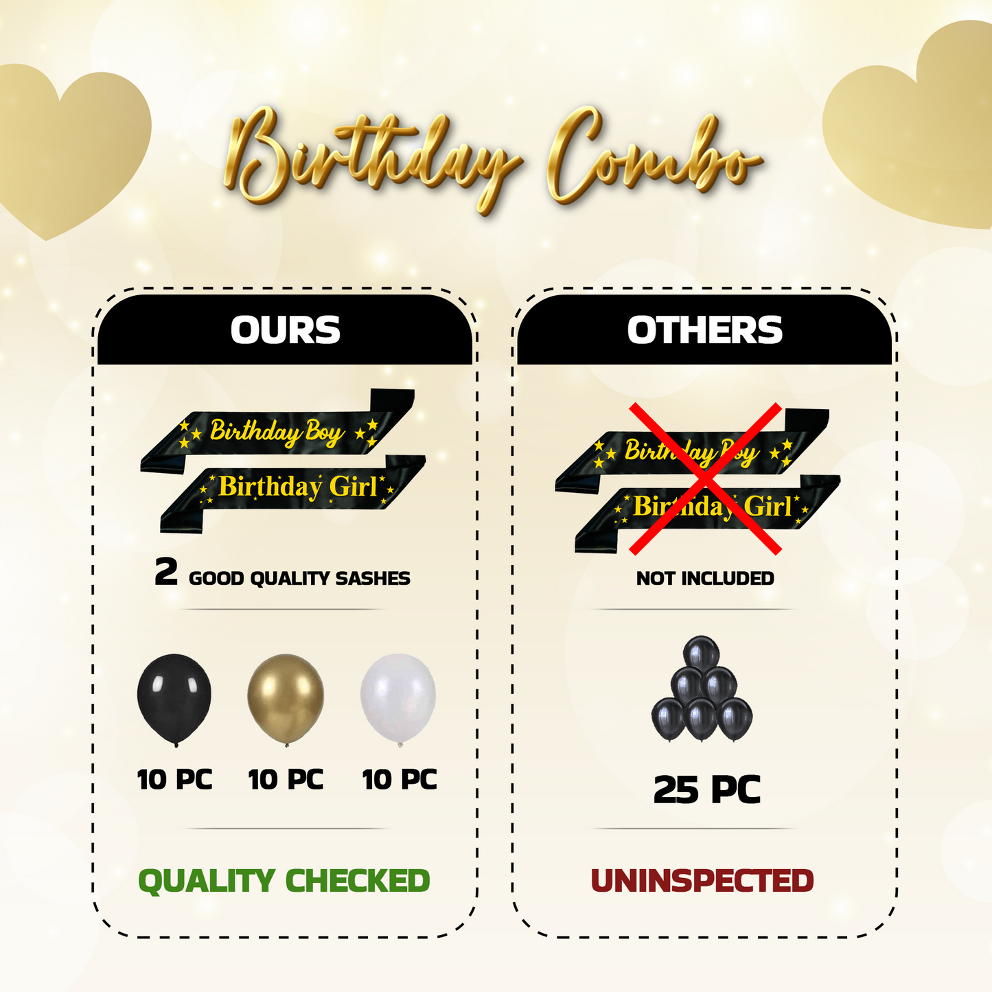 Decofy Golden Theme Birthday Decoration Kit 35 Pcs | Gold Balloon Decoration Set with Happy Birthday Banner & Birthday Boy & Girl Golden Sash