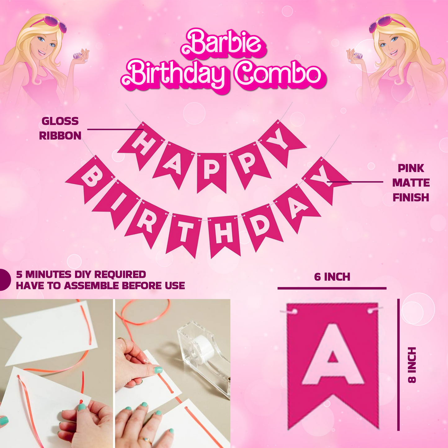 Decofy Barbie Theme 46 Pc Combo Birthday Decoration Kit For Gilrs | Pink & Barbie Doll Balloon & Banner Party Decoration Set WIth Birthday Girl Pink Sash