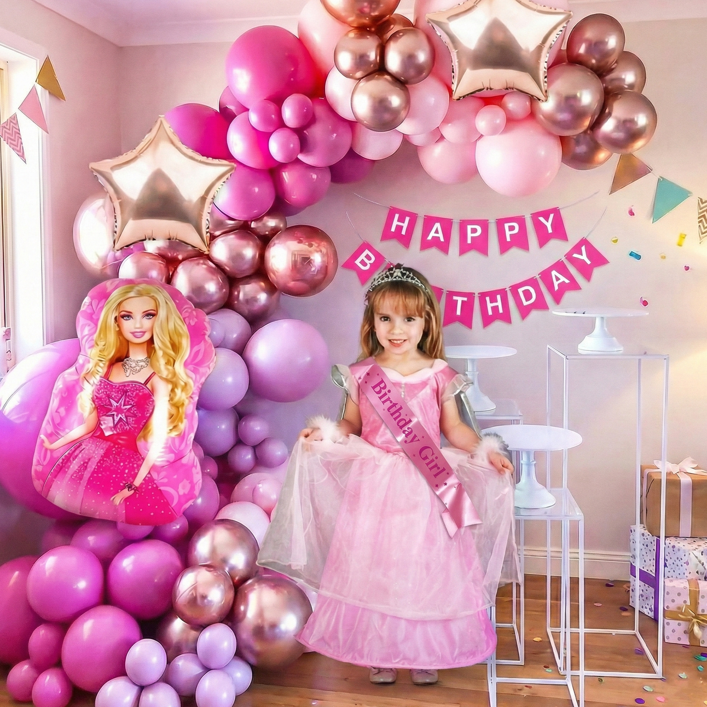 Decofy Barbie Theme 46 Pc Combo Birthday Decoration Kit For Gilrs | Pink & Barbie Doll Balloon & Banner Party Decoration Set WIth Birthday Girl Pink Sash