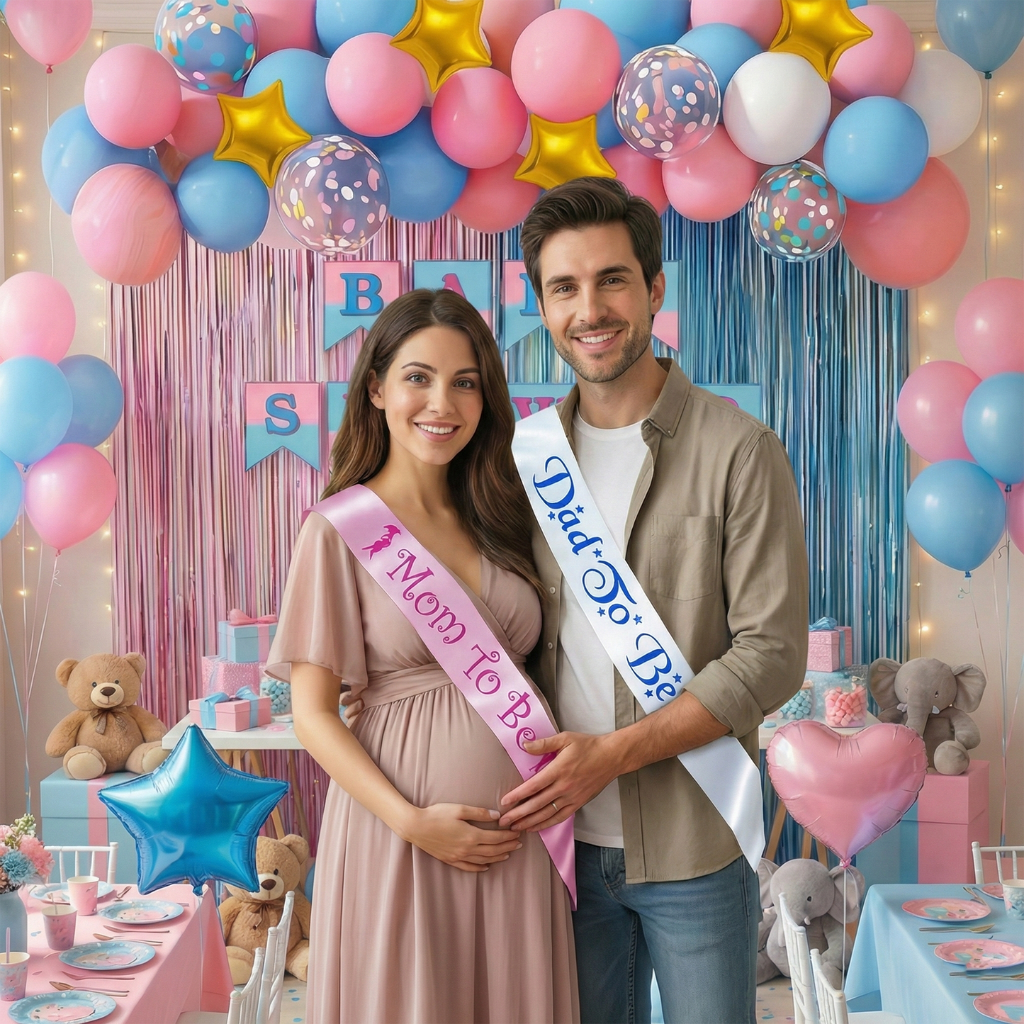 Decofy 45 Pcs Baby Shower Decoration Combo Set | Complete Baby Shower Set with Balloons, Banner & Mom-Dad To be Sash