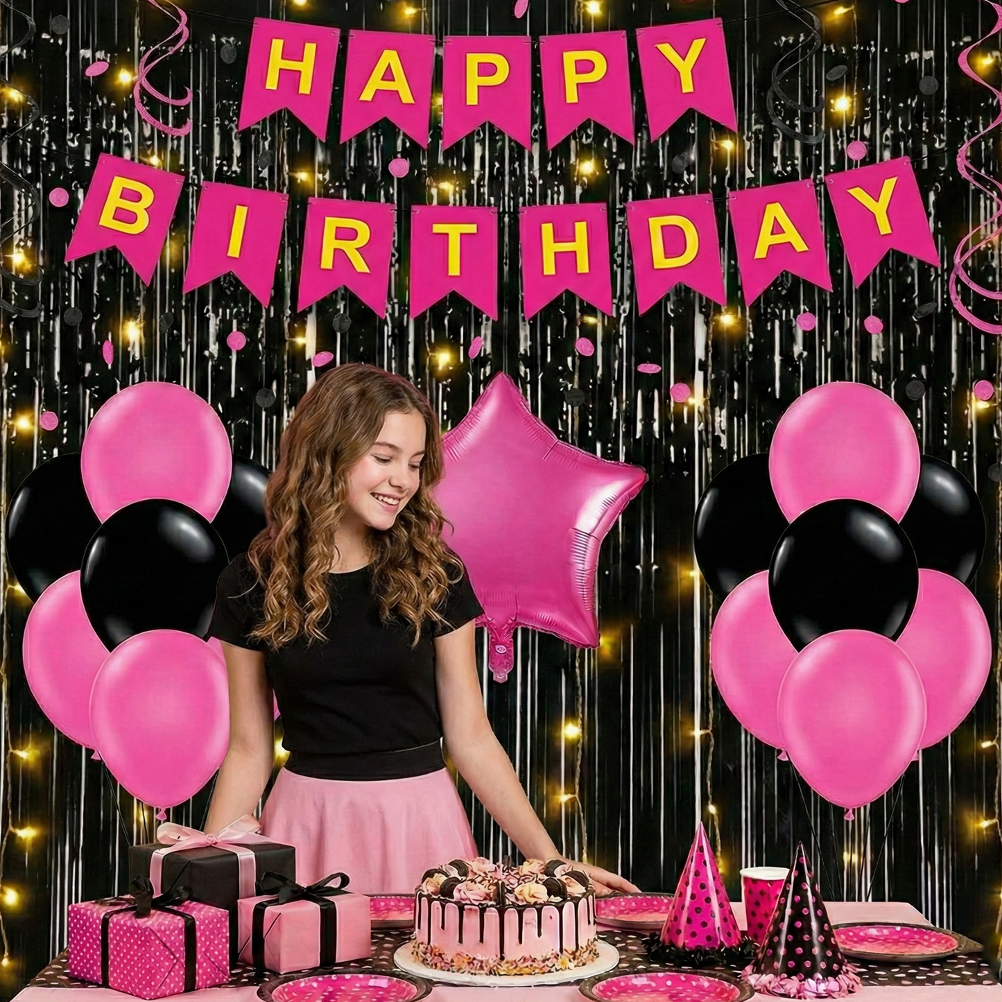 Decofy Premium Pink & Black Theme 26 Pcs Birthday Decoration Kit | Elegant Pink Black Balloon & Banner Birthday Decoration With Foil Balloons