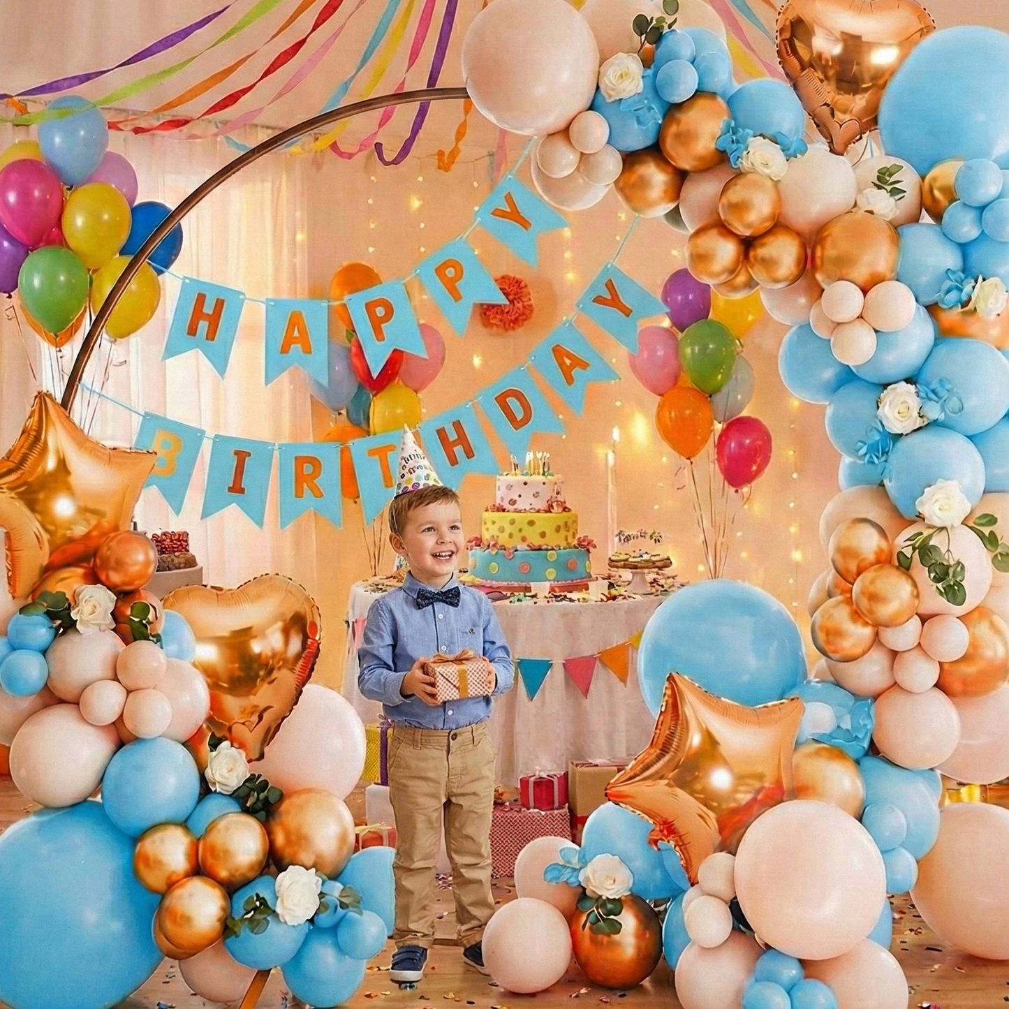 Decofy Blue & Golden 33 Pcs Birthday Decoration Kit | Blue and Golden Balloon & Banner Party Decoration Set