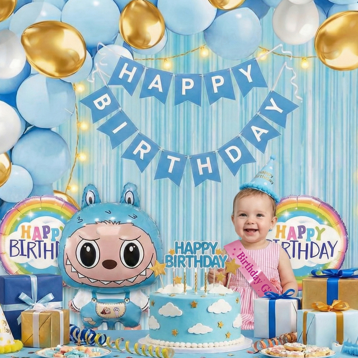 Decofy Cute Labubu Doll 37 Pcs Birthday Decoration Set | Cartoon Character Theme Party Décor Kit with Balloons & Happy Birthday Pink Sash