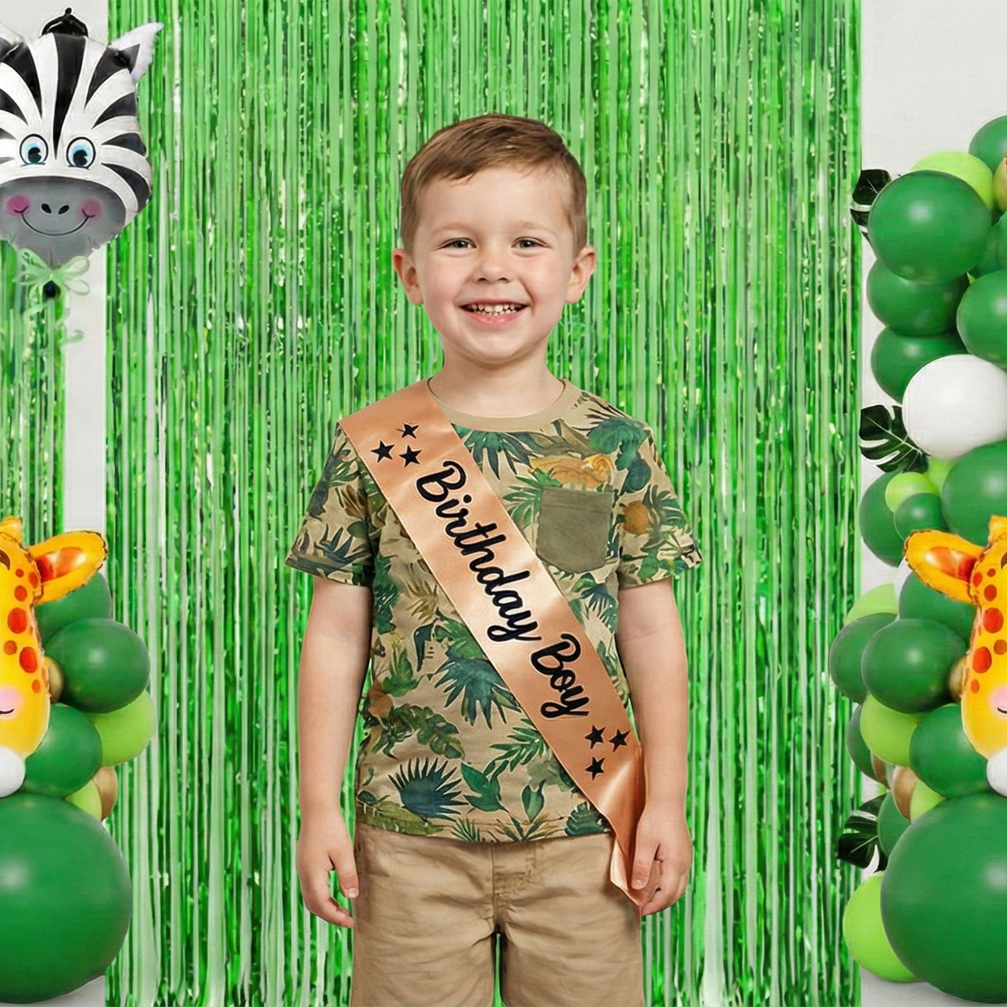 Decofy Cute Jungle Safari Birthday Decoration Kit- 39 Pcs Combo | Animal Theme Balloon Decoration Set With Birthday Boy Gold Sash for Kids Birthday Party