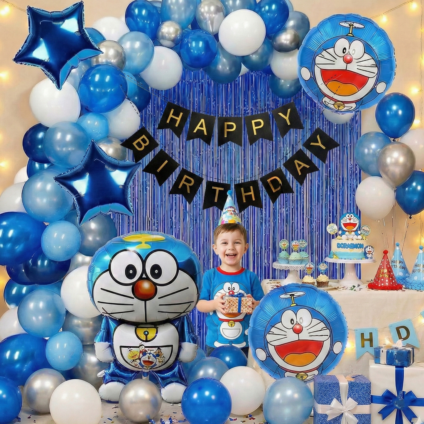 Decofy Doraemon Theme Birthday Decoration Set-28 Pcs | Cartoon Doraemon Balloon Decoration Kit with Happy Birthday Banner for Kids Party Decor