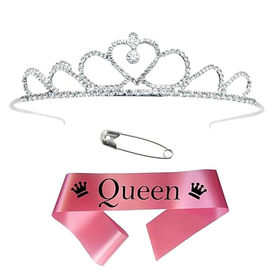 Decofy Queen Sash Crown Set for & Girls | Satin Birthday Sash with Silver Rhinestone Tiara | Party, Pageant, Wedding & Special Event Accessory