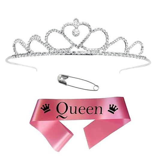 Decofy Queen Sash Crown Set for & Girls | Satin Birthday Sash with Silver Rhinestone Tiara | Party, Pageant, Wedding & Special Event Accessory