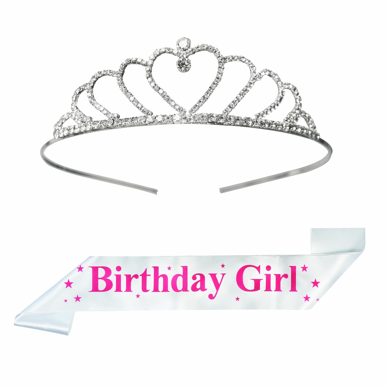 Unique Creations Birthday Girl Pink Sash with Beautiful Rhinstone Tiara Crown Set with Safety Pin for Women's & Girls (Heart Design)