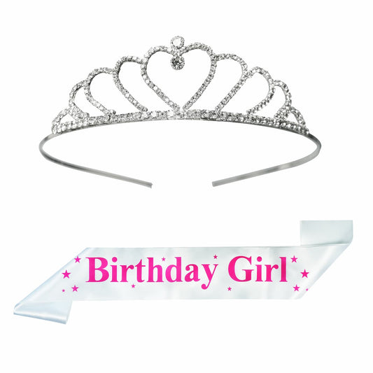 Unique Creations Birthday Girl Pink Sash with Beautiful Rhinstone Tiara Crown Set with Safety Pin for Women's & Girls (Heart Design)
