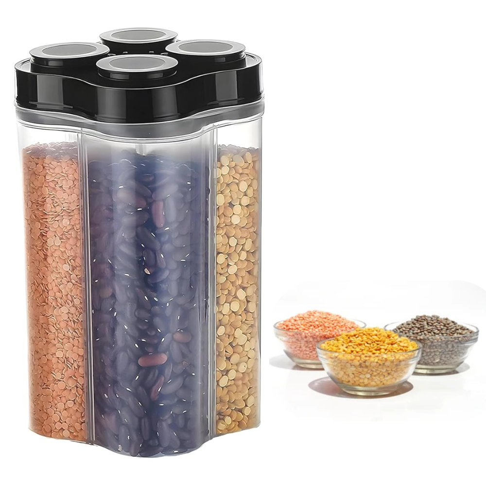 TrendyTrolley Airtight Transparent Plastic Lock Food Storage 4 Section Container Jar forPulses |Grocery, Fridge Container Pack of 1, 2400ML - Black -MADE IN INDIA